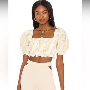 For Love & Lemons | Lucie White Yellow Floral Puff Sleeve Crop Top New